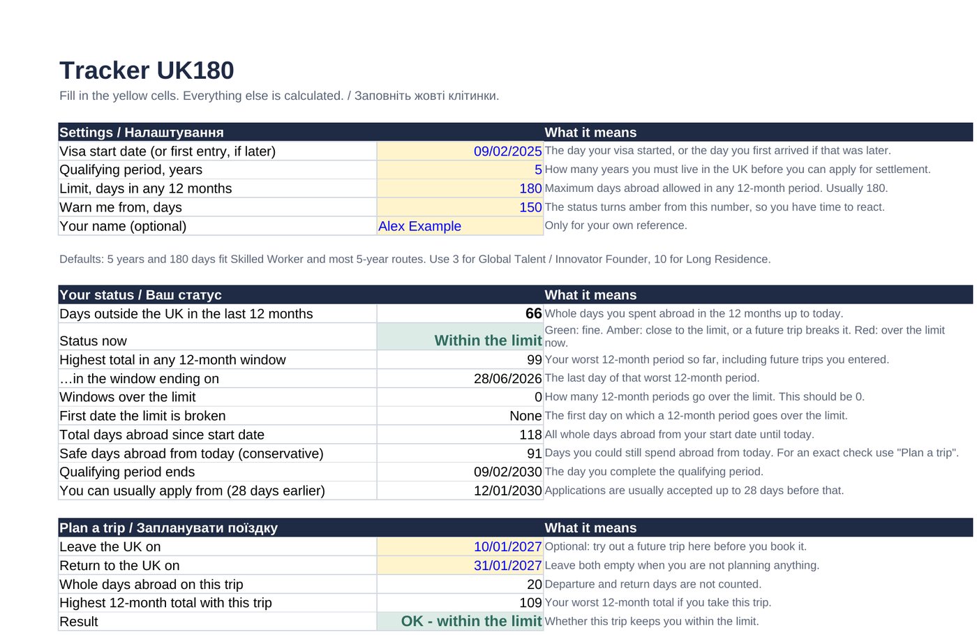 Excel version of Tracker UK180 with dashboard and explanations